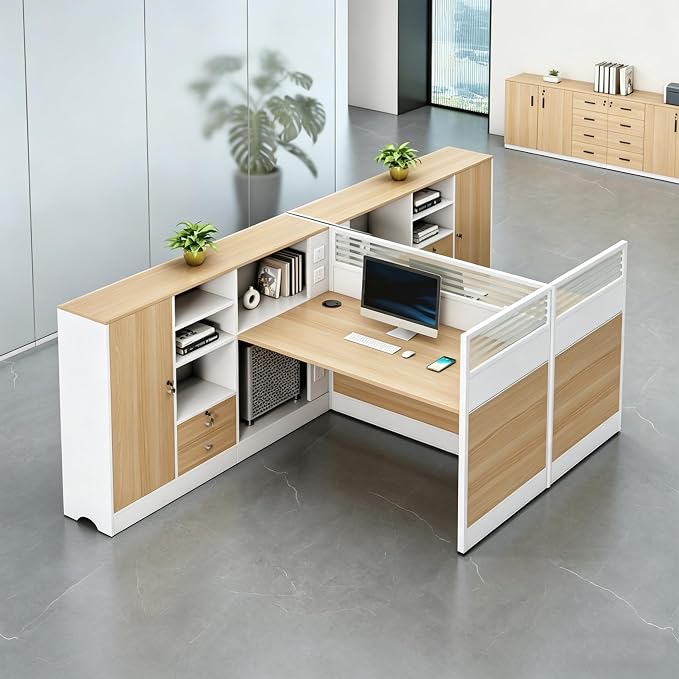 Modern Office Workstation Desk with Side Storage Cabinet, Tempered Glass Privacy Panels, USB Charging Hub & Cable Management, Modular Cubicle Desk for Office Work (D - Left, 2P)