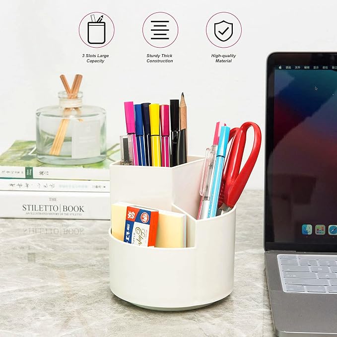Siveit Desk Pencil Pen Holder, Desk Organizers 3 Slots 360-Degree Rotating Pen Holder for Desktop Storage Stationery Supplies Organizer, Home, Office, School, Kids, White