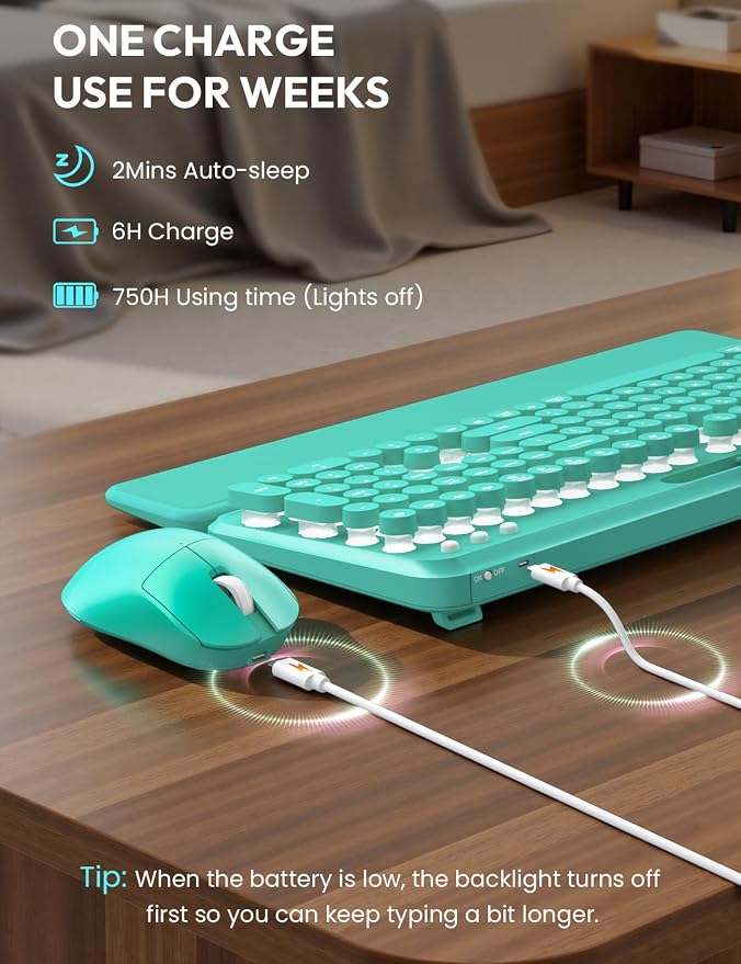 Wireless Keyboard and Mouse, Backlit Typewriter with Magnetic Wrist Rest | Phone Holder, Light Up Round Keycaps, Lighting Mouse, 2.4GHz Cordless Set for Mac, Windows, PC, Laptop, SABLUTE