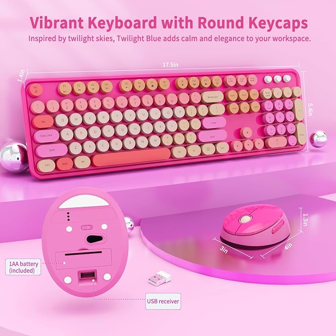 Nowlike Wireless Keyboard and Mouse Combo, Retro Typewriter Keyboard with Round Keycaps, Full-Size Ergonomic, Red, Ideal for Windows PC, Home, Office, and College, Wireless Keyboard Mouse Combo