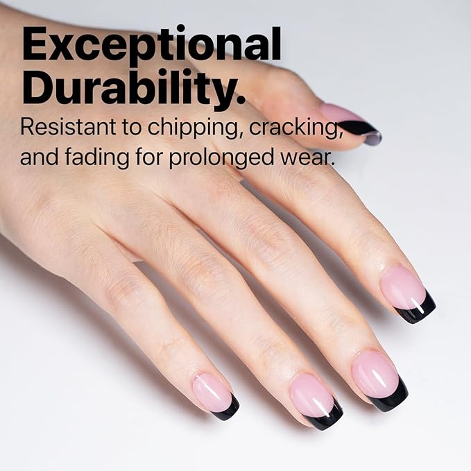 SXC Cosmetics French Tip Press On Nails 150 Pieces in 15 Sizes Ultra Fit with Pre-applied Tip Primer and Base Coat, No Need to File Fake Nails for Nail Art DIY X-Pro Tips (BLACK113-XS Square)