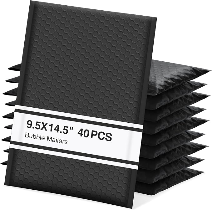 UCGOU Bubble Mailers 9.5x14.5" 40 Pack Usable Size 9.5x13.5" Black Padded | Waterproof Self Seal Adhesive Large Padded Envelopes for Small Business Bubble Packaging Envelopes for Mailing Jewelry Makeup