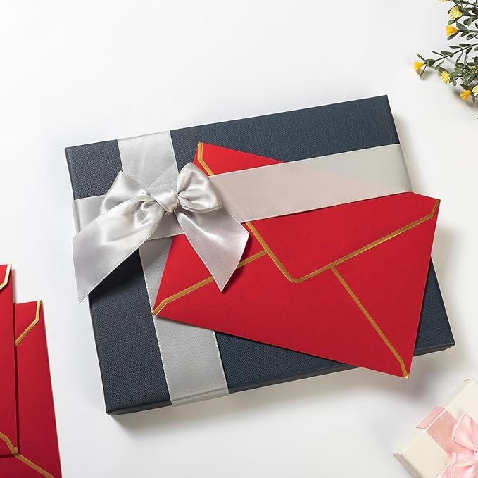 100 Pack Red A7 Envelopes 5 x 7 Card Envelopes with Gold Border for Office, Wedding Gift Cards, Invitations, Graduation, Baby Shower, Parties (5.32 x 7.28 Inches)