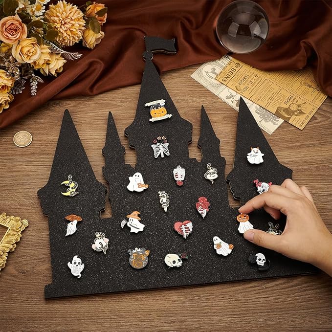 BENECREAT Black Castle Pin Board Cork Board, 14.2x11.8Inch Bulletin Display Board Wall Mounted Cork Board for Brooch Pin Collection Display, Office Home and School Decor