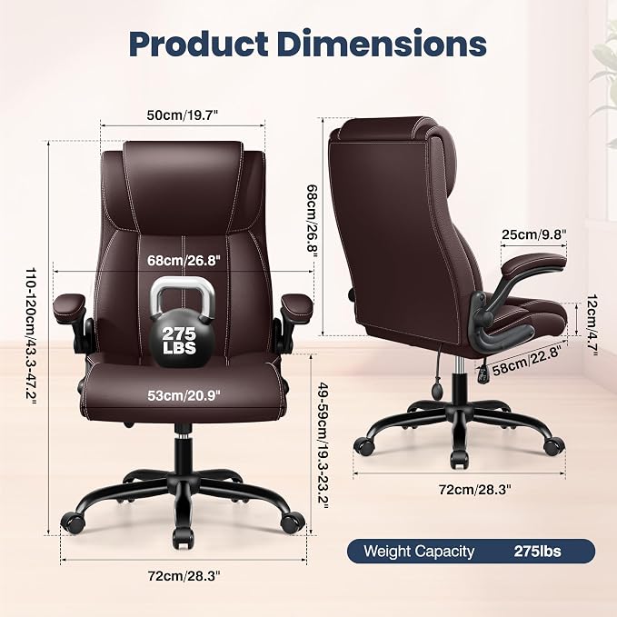Ergonomic Office Chair, High Back Executive Leather Desk Chair | Inflatable Lumbar Support for Back Pain Relief, Heavy-Duty Computer Desk Chair for Long Workdays, Flip-Up Armrests, Coffee