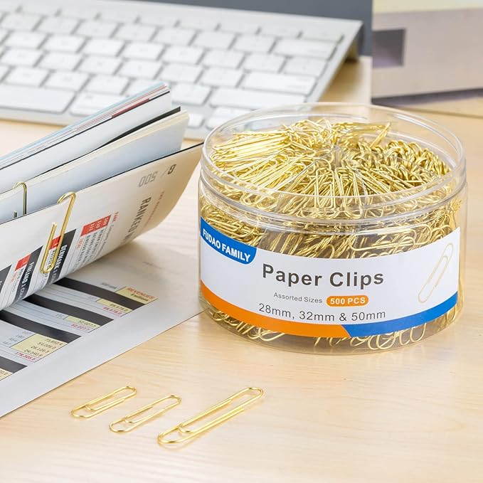 FUDAO FAMILY Assorted Sizes Paper Clips, 500 PCS - Gold, Small, Medium, Large