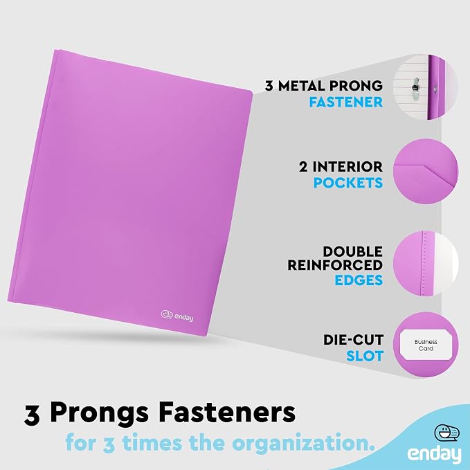 Plastic Folders with Pockets and Prongs Purple - Two Pocket Folder with Brads - 3 Prong Folders with Pockets for Letter Size Sheets, Also Available in Blue, Green, Red, Pink, and Grey, 1 Pc –by Enday