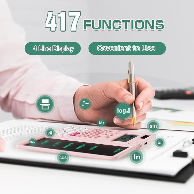 991ES MAX 417 Functions Scientific Calculators 4-Line Display with Notepad | ROATEE Rechargeable CalcNote, Foldable Portable for High School College Students and Teacher Back to School Supplies(Pink)