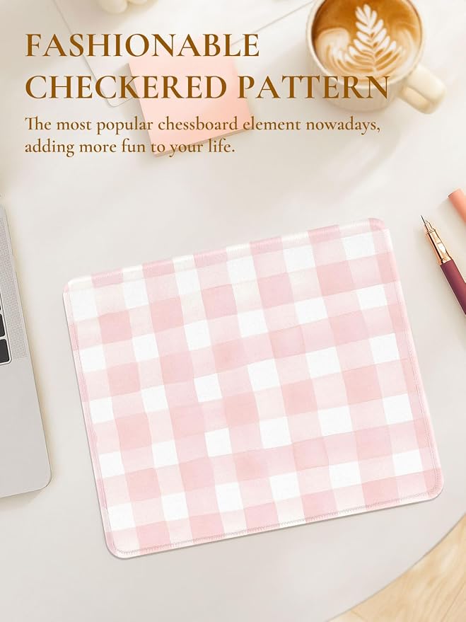 Cute Pink Mouse Pad,Retro Checkered Pattern Mousepad,Square Aesthetic Plaid Waterproof Grid Mouse Mat Design, Non-Slip Rubber Base Computer Funny Boho Mouse Pads, Desk Accessories,Light Pink