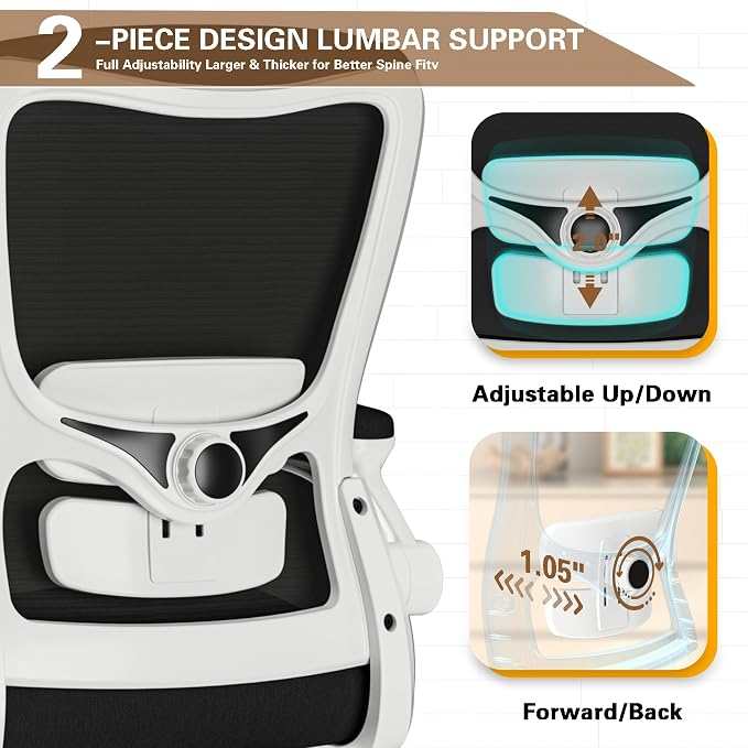 Ergonomic Office Chair for Long Hours, Adjustable Padded Lumbar Support for Lower Back Relief, 330 lb Capacity, Comfortable Computer Desk Chair for Home Office, Work & Study