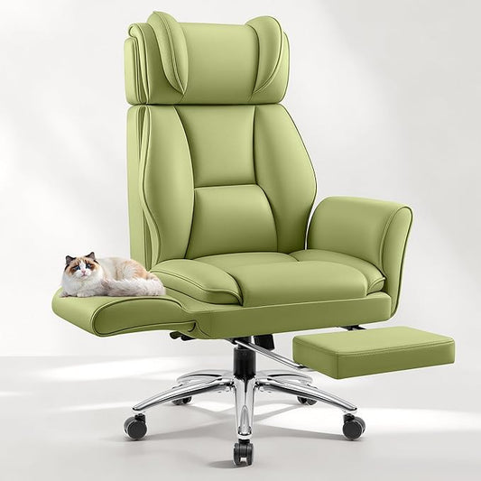 Big and Tall Office Chair, Flip Armrests for Pets & Cross Legged Sitting, Ergonomic Leather Executive Desk Chair with Foot Rest, High-Back Reclining Computer Chairs for Office Home Game - Green