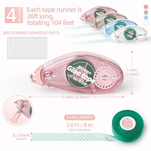 FUNSKY Scrapbook Tape Set, 4 Pack Glue Tape Roller with 200 Pcs Glue Dots | No Residue Double Sided Tape Roller for Crafts, Scrapbooking, Journaling, Gift Wrap, School Office Supplies(26 Ft x 0.31 in)