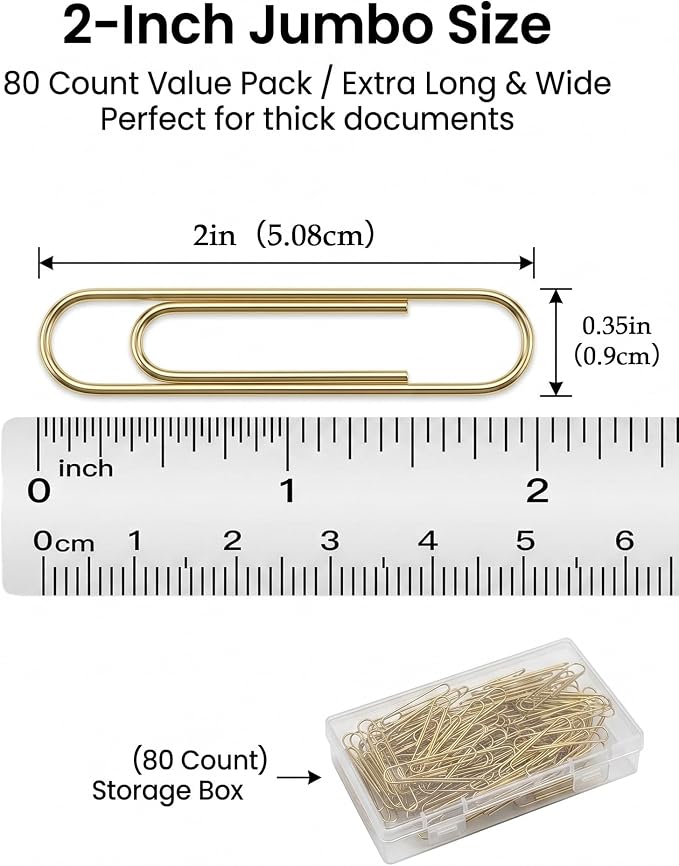 80 Count Gold Paper Clips, 2 Inch Large Smooth Metal Office Clips | Rust-resistant gold metal clips with a smooth, snag-free finish. Ideal for office document organizing, wedding crafts & DIY
