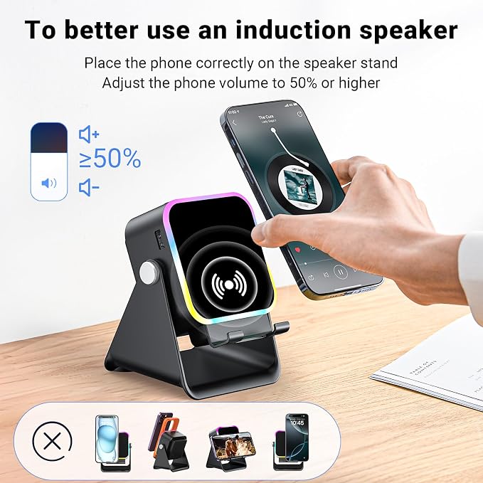 Induction Speaker with Phone Stand 5 in 1 Wireless Bluetooth Audio Black | Phone Speakers Amplifie For iPhone and Android Rechargeable Colorful Light. Birthday Gift for Men Women and Teens