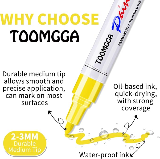 TOOMGGA 2 Yellow Paint Pens Permanent Paint Markers, Oil Based Medium Tip | Marking Pens, Quick Drying, Waterproof, Fade-resistant, for Rock Painting, Car Tyre, Metal, Plastic, Canvas, Mugs, Wood