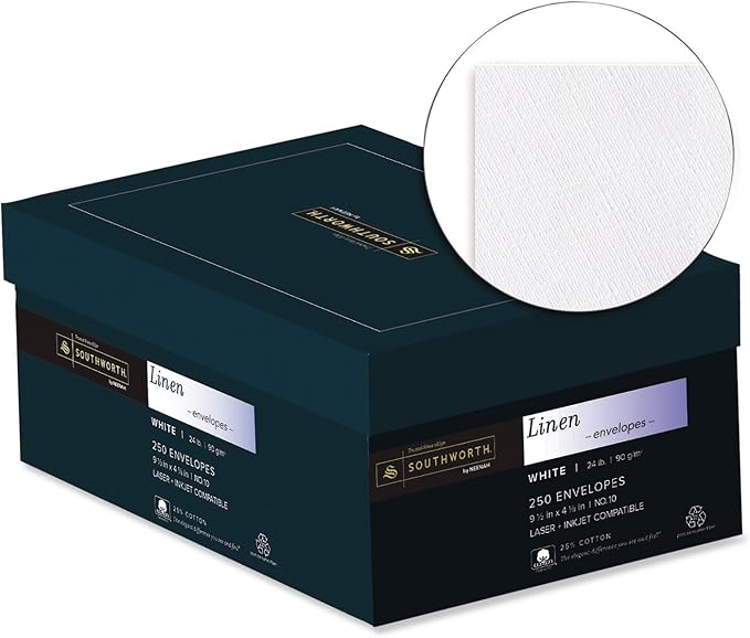 Southworth J55410 25% Cotton #10 Envelope White 24 lbs. Linen 250/Box FSC