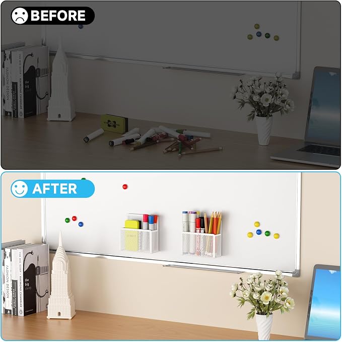 Marbrasse Magnetic Dry Erase Marker Holder, Mesh Pen Holder for Whiteboard，Magnet Pencil Organizer Storage for Refrigerator Locker Accessories Organizer for Home, School and Office(White)