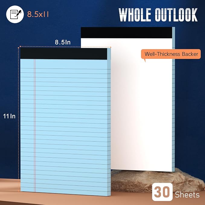 3 Pack Blue Legal Pads 8.5 x 11 Note Pads, Wide Ruled Notepads 8.5 x 11 | Lined Paper Wide Ruled Blue Writing Pads, 30 Sheets Per Note Pad, Micro Perforated Colored Legal Pads for Work/School/Office