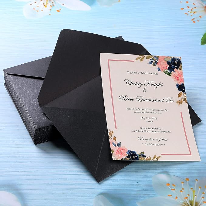 PONATIA 50 Pieces/Pack A7 Envelopes, 5.25 x 7.25'' Black Shiny Envelopes Perfect for 5x7'' Invitation Cards, Weddings Invitations, Photos, greeting Cards, Christmas Gift Cards
