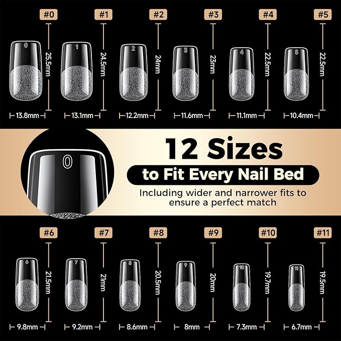 Medium Square Nail Tips: 504pcs Tri-Layer Core Square Press on Nails, 12 Sizes Pre-Etched Gel Nail Tips Clear Full Cover Fake Nails Salon Home DIY Extension for Flat & Natural Nail Beds