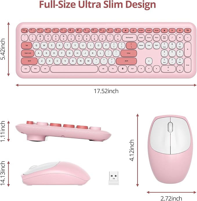 surmen Cute Wireless Keyboard and Mouse Combo, Pink Wireless Keyboard with Silent Mouse, Full Size Slim Low-Noise Soft Touch Round Keys for Home and Office,（6-Pink）