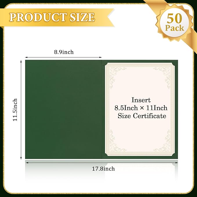 Ndsox 50 Packs Green Certificate Holders, Graduation Diploma Holders, 350GSM, Diploma Covers with Gold Foil Border for Letter Size 8.5" x 11" Award Certificate Paper, Cardstocks and Documents