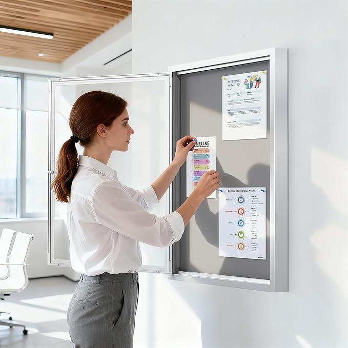 SWANCROWN 36x24 in Outdoor Bulletin Board Wall Message Board, Grey Felt | Lockable, Shatter Resistant, Weatherproof, Silver Aluminum Frame, Display Case for Office School Business Community