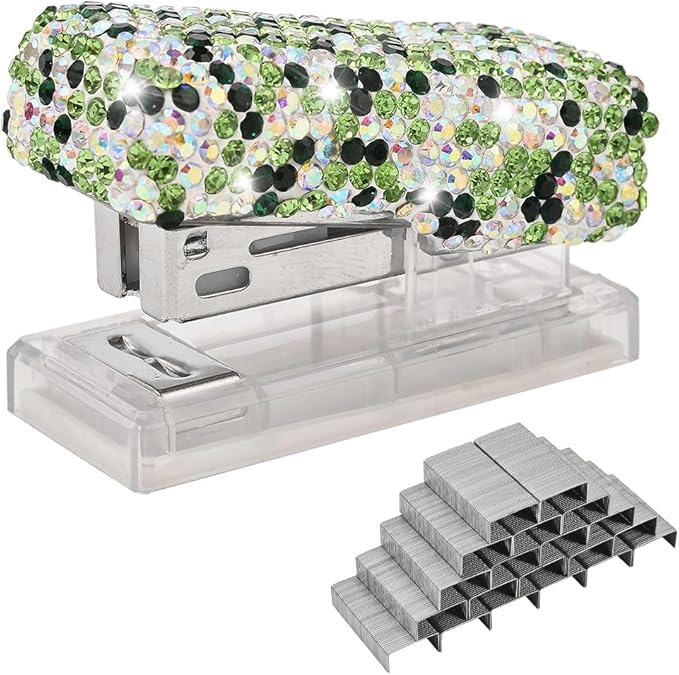 Bling Rhinestone Stapler, Sparkly Diamond Staplers, Cute Desk Stapler for Women & Girls, Bling Crystal Machine Pretty Office Stationery Kit (Green with AB Color Plated, Small)