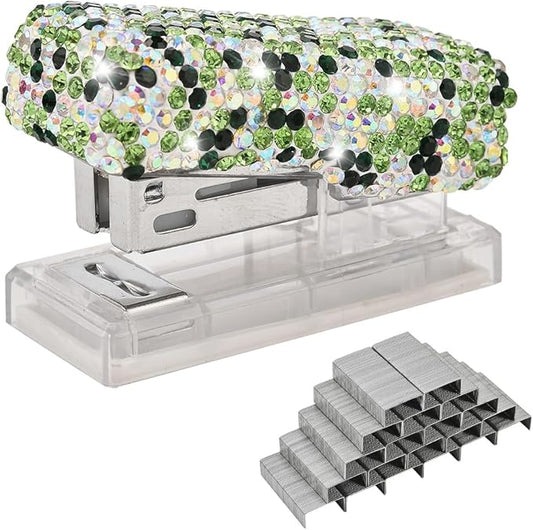 Bling Rhinestone Stapler, Sparkly Diamond Staplers, Cute Desk Stapler for Women & Girls, Bling Crystal Machine Pretty Office Stationery Kit (Green with AB Color Plated, Small)