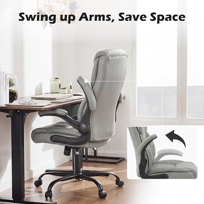 DUMOS Office Chair, Leather Ergonomic Chair Lumbar Support, Grey | Ergonomic Executive Computer Desk, Flip-up Armrest Swivel Task, Strong Metal Base, Modern Comfy