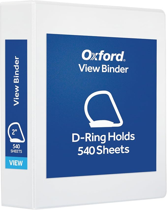 Oxford 2 Inch 3 Ring Binder, D-Ring View with XtraLife Hinge, Non-Stick PVC-Free, White, 540-Sheet Capacity, Single Binder (1017674)