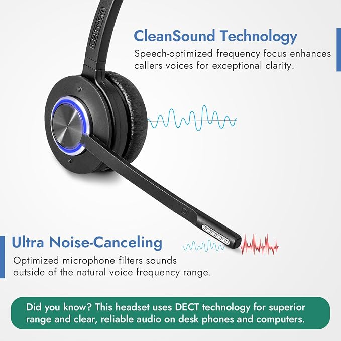 Leitner LH570 2-in-1 Wireless Office Headset with Mic - Computer & Telephone Headset (DECT Headset, not Bluetooth) - 5 Year Warranty - Phone Headsets for Office Phones