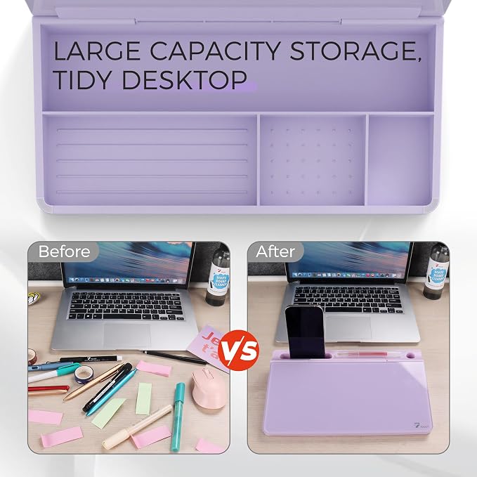 TOWON Compact Glass Desktop Whiteboard with Storage 12x7 in, Lavender | Aesthetic dry erase surface, 5 markers, eraser and holder included, for the office, home or school desk