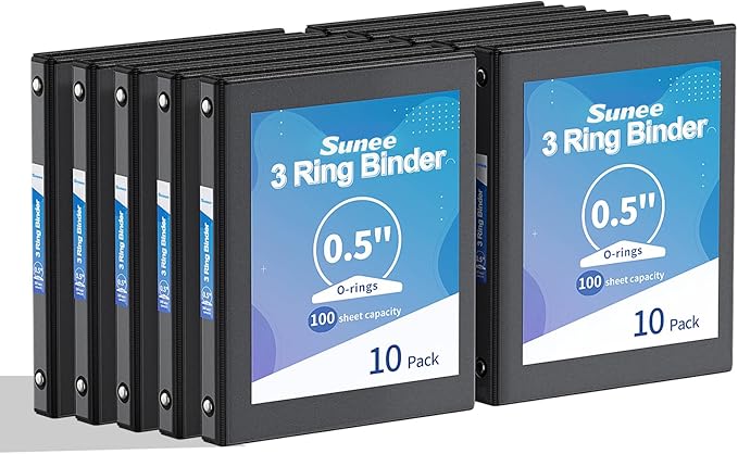 SUNEE 1/2 Inch Binders 3 Ring 10 Pack Bulk, PVC-Free Clear View Half Inch Binders (Fits 8.5x11 Inches) for School, Office & Home Use, Black