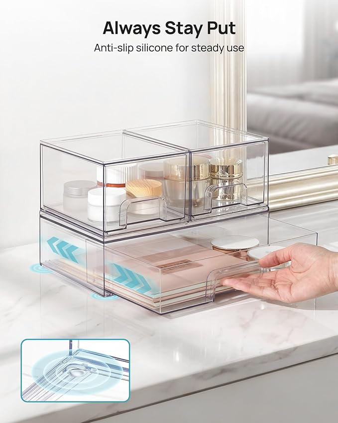 Vtopmart Clear Stackable Storage Drawers Set of 5, Plastic Organizer Bins | Multi-purpose Boxes for Makeup, Beauty Supplies, Ideal for Vanity, Bathroom Countertop, Undersink, Cabinet Organization
