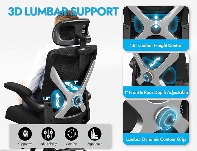 Ergonomic Office Chair: Mesh Desk Chair Comfy with Headrest& Lumbar Support | Ergalithic Big and Tall Office Chairs with Wheels & Flip-Up Arms-Computer Gaming Chairs for Adults (Black-Pack of 3)