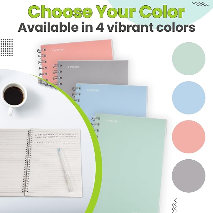 TWONE Spiral Notebook, 7"x10", 140 line Ruled Pages, Waterproof Frosted PP Cover, Gray, Ideal for School, Office, and Personal Use