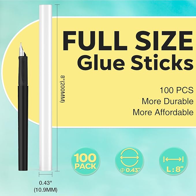 Clear Full Size Hot Glue Sticks 100 Pack, 0.43" x 8", All Temperature for Most Full-Size Glue Guns, Strong Adhesive for DIY Crafts, Repairs & Holiday Decorations