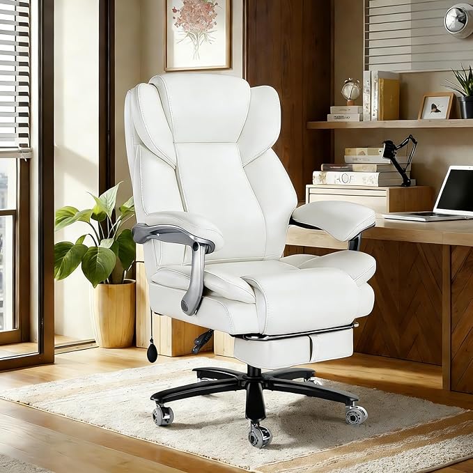 600lbs Big and Tall Office Chair for Heavy People,Heavy Duty Comfy Executive Office Desk Chair with Adjustable Lumbar Support,High Back Reclining PU Leather Computer Chair (Classic, White)