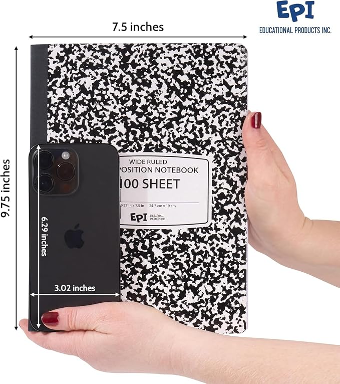 960 Pack (Pallet) EPI Wide Ruled Composition Notebook Bulk, 200 pages (100 Sheets), 9-3/4 x 7-1/2, Black Marble, Bulk School Supplies, Heavy Duty, Durable Office Notebooks, Sturdy Sewn Binding
