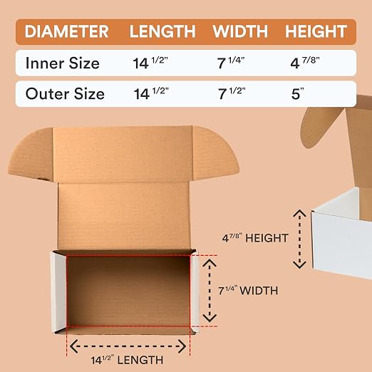 BOX USA 14" Deluxe Shipping Boxes, 14 1/2"L x 7 1/2"W x 5"H, 25-Pack - White Box Mailers for Packaging, Storage, Gifts or Bulk Business Orders