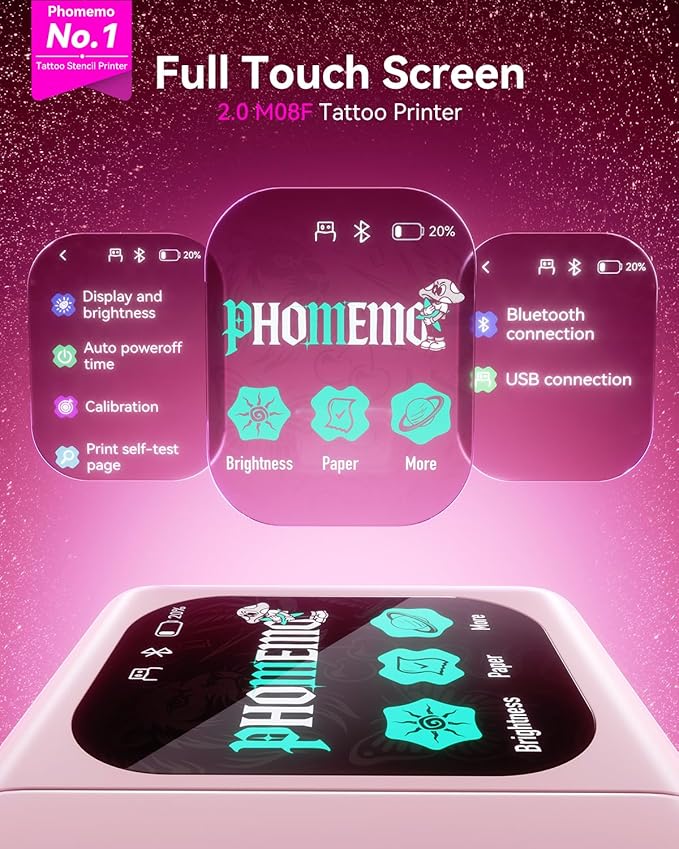 Phomemo M08F Plus Tattoo Stencil Printer with Touchscreen, Bluetooth Tattoo Printer Machine with 10pcs Transfer Paper, Compatible with Phone, Tablet, PC, Tattoo Supplies for Professionals, Pink
