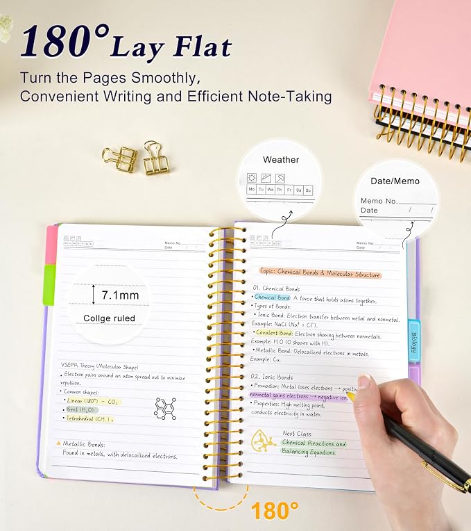 5 Subject Notebook College Ruled with Removable Pocket Dividers Tabs, 240 Pages Spiral Notebook 8.5 x 11, Lined Journal Notebook for Women , Hardcover Notebooks for Work School Note taking A4 Purple