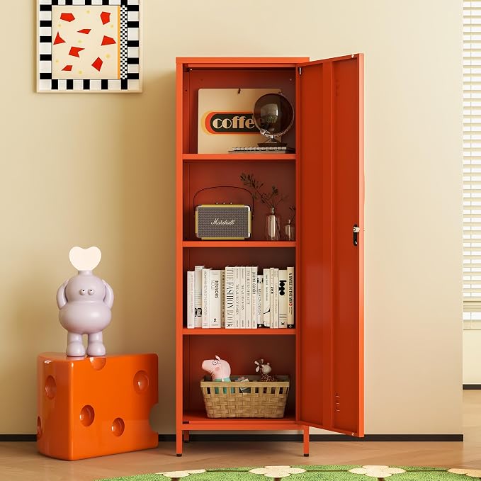 Metal Locker Storage Cabinets 59.06"H Orange Locking File Cabinets Kitchen Food Pantry Cabinet with 2 Doors and Shelves for Dining Room, Living Room,Bathroom Office,Home,Garage, Gym, School