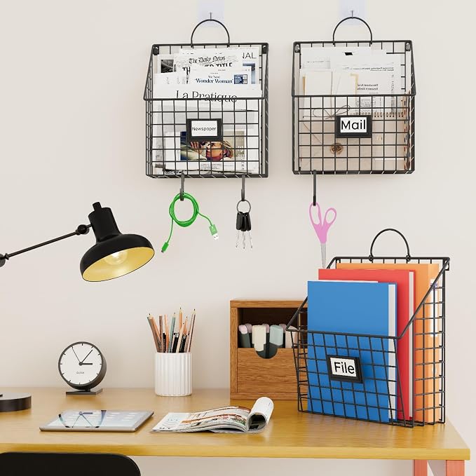 3 Packs Hanging Wall File Organizer with Hooks, Magazine Rack ,Mail Basket | Metal Wall Mounted File Holder Folder with Handles , Home Office Organization for Papers Document Book, No Assembly Required