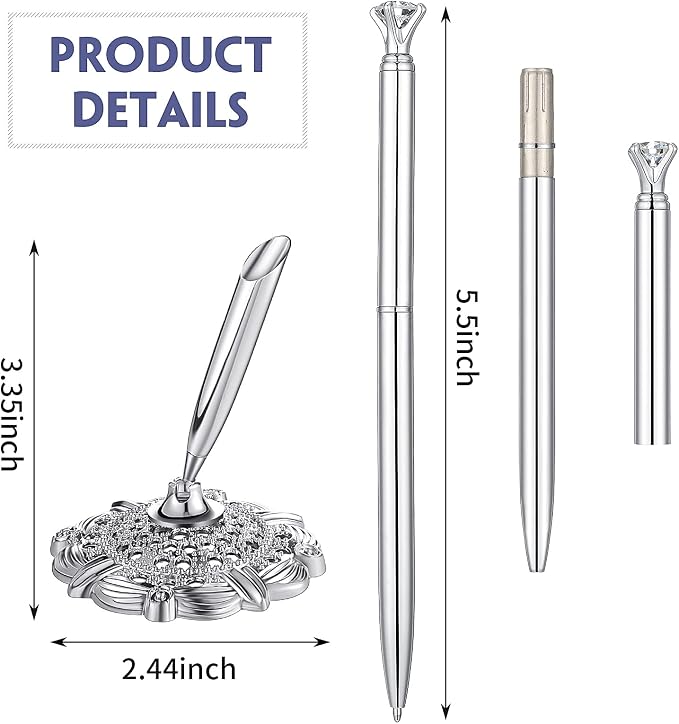 Outus 2 Pcs Silver Wedding Pens for Guest Book Signing Diamond Design | Hollow Round Holder Stand, Desk Ballpoint Pens, For Bridal Showers Wedding Bachelorette Party Engagement Reception Business