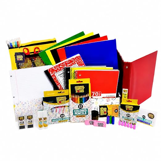 Elementary School Essentials Bundle | 1 Box - 91 Pieces per Box | School Supply Boxes - Back to School Essentials | Includes Binders, Folers, Notebooks, Filler Paper, Pencils, Notecards, Pens, & More