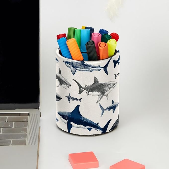 Leather Pen Holder for Desk, Sharks Pencil Cup Pen Organizer Makeup Brush Holder for Office Home Kids Countertop Desk Accessory Storage