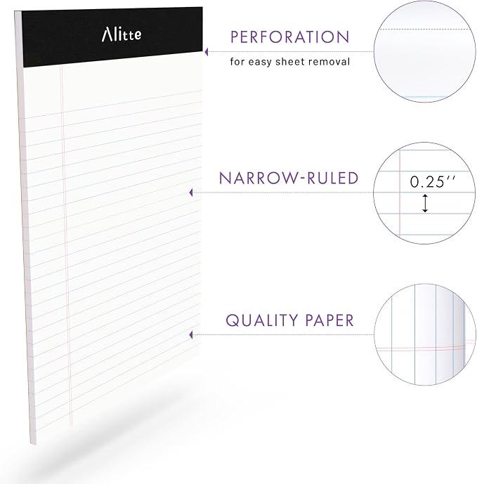 Alitte Legal Notepads 5x8, Pack of 12 - Perforated Narrow Ruled Writing Pad - Premium Thick Paper, No Ink Bleeding - Blank Legal Pads For Home, Office, School, Business - 50 Sheets Per Notebook
