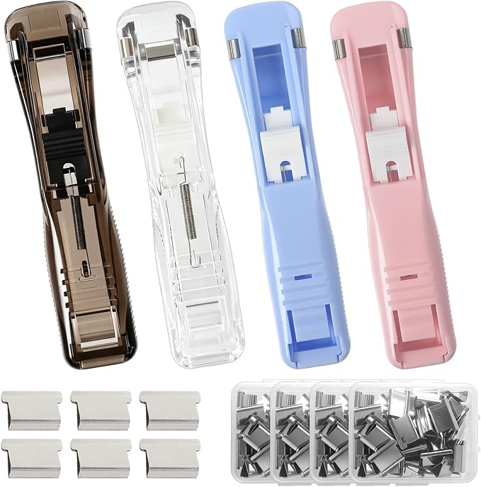Portable Binder Clip Stapler, 4 Pcs Handheld Paper Clam Clip Dispenser, Staple Free Clips Binder Set with Metal Refill Clips for Home School Office Fixing Documents, Clear Black Pink and Macaroon Blue